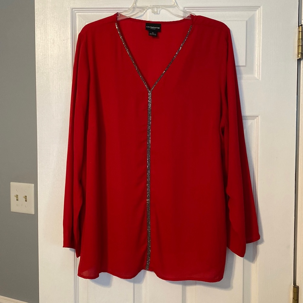 Christmas Red Sparkle Trim Plus 1X Blouse Liz Claiborne